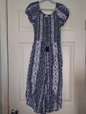 Justice Girls Size 12 Navy and White Smocked Romper with Subtle Pink Accents